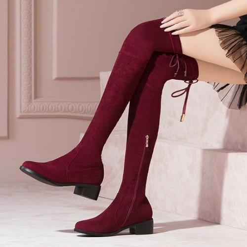 flat red thigh high boots